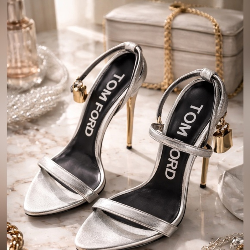AUTHENTIC TOM FORD METALLIC SILVER PADLOCK HEELS — SIZE 7.5 ✨
